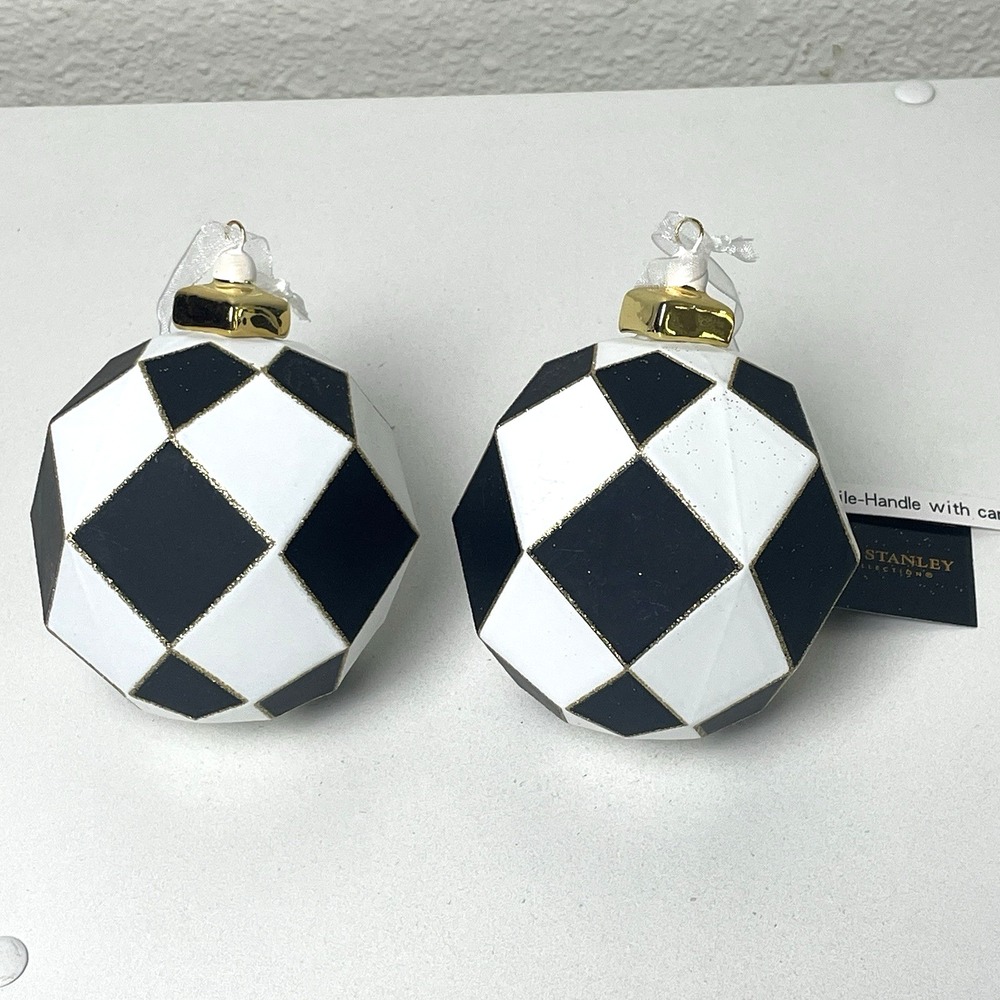 Robert Stanley Black White Gold Glass Christmas Ornaments Glitter Set of 2 NEW